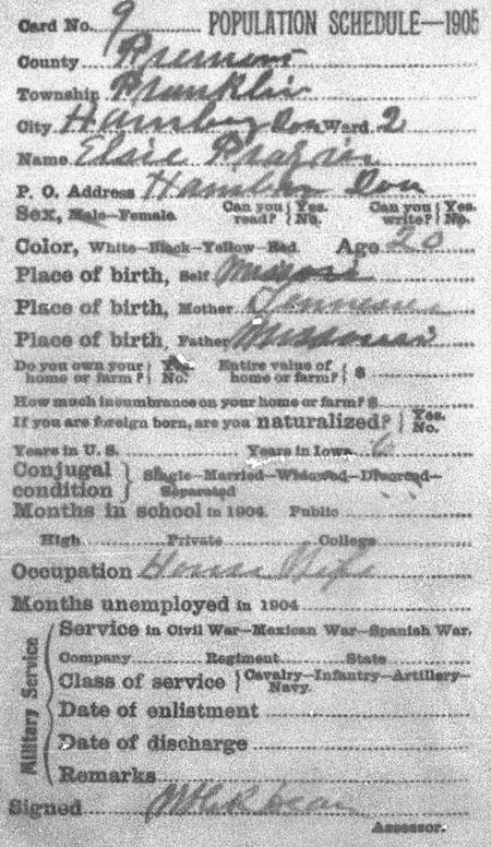 Iowa 1905 census card